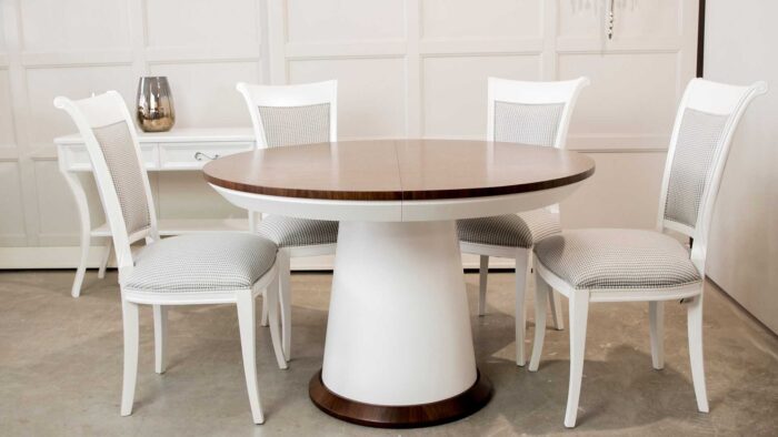 okrągły stół rozkładany na jednej nodze stożek, stół z blatem orzech amerykański, producent stołów na mebli