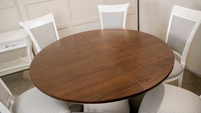 okrągły stół o średnicy 120 na jednej nodze w kształcie stożka do jadalni, okrąły stół rozkładany do jadalni z krzesłami nwoczesny