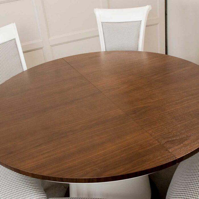 okrągły stół o średnicy 120 na jednej nodze w kształcie stożka do jadalni, okrąły stół rozkładany do jadalni z krzesłami nwoczesny