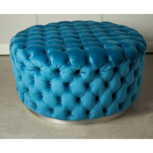 pufa glamour pikowana, okrągła, niebieska, z guzikami