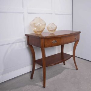 drewniana konsola z szufladą i zaokrąglonym blatem