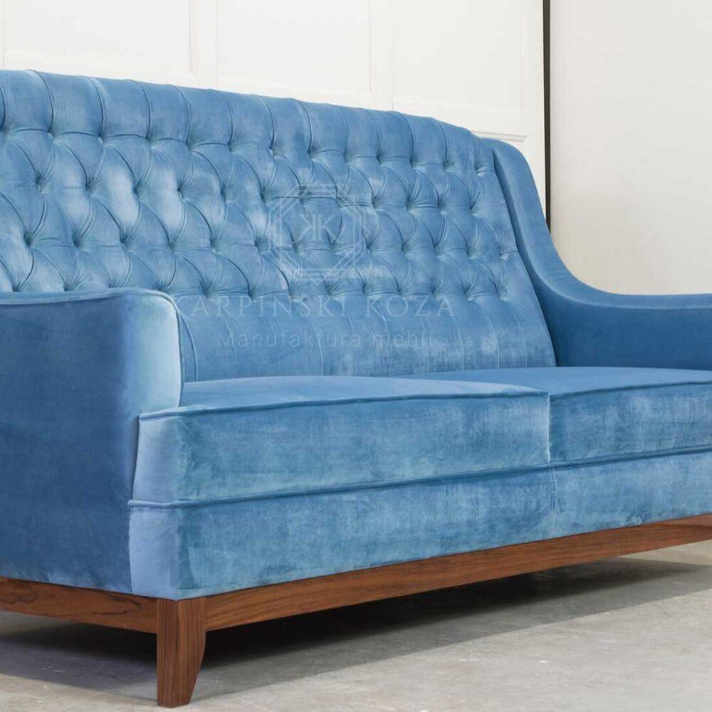 sofa glamour dwuosobowa i trzyosobowa w kolorze niebieskim, pikowana z guzikami, bardzo wygodna do luksusowego salonu na wymiar