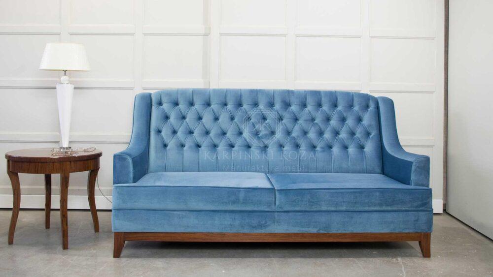 sofa glamour pikowana rozkładana nowoczesna w niebieskim velvecie, tkanina welur, na wymiar
