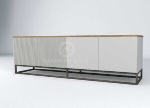 szafka RTV w stylu loft z ryflowanymi frontami na metalowej podstawie 