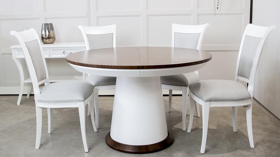Meble Dobrodzień-prosucent lusksuowych mebli na wymiar- okrągły stół na jednej postawie stożku biały z orzechem amerykańskim