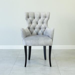 Krzesło GLAMOUR- fotel, pikowane szare z czarnymi nogami na wysoki połysk
