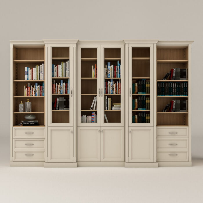 Drewniana biblioteka na wymiar w stylu angielskim, duża biblioteka klasyczna, elegancka, biała biblioteka, biblioteka kremowa z dębem
